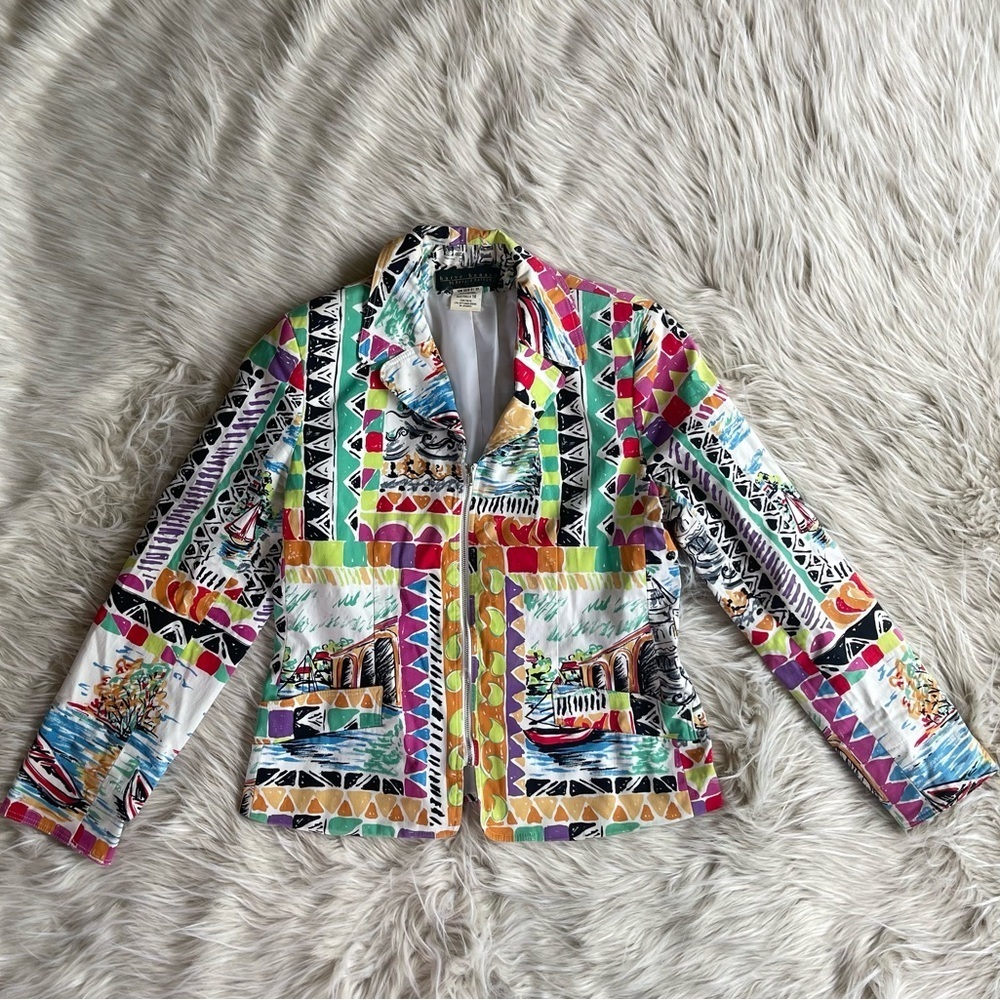 HARVE BENARD by BENARD HOLTZMAN Multi Prints Zip Blazer Jacket 10 Long Sleeves - Picture 2 of 7